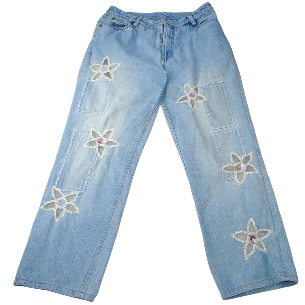 Jeanology Newport News Womens Jeans Star Mesh‎ Cutouts Embellished Denim Sz 16